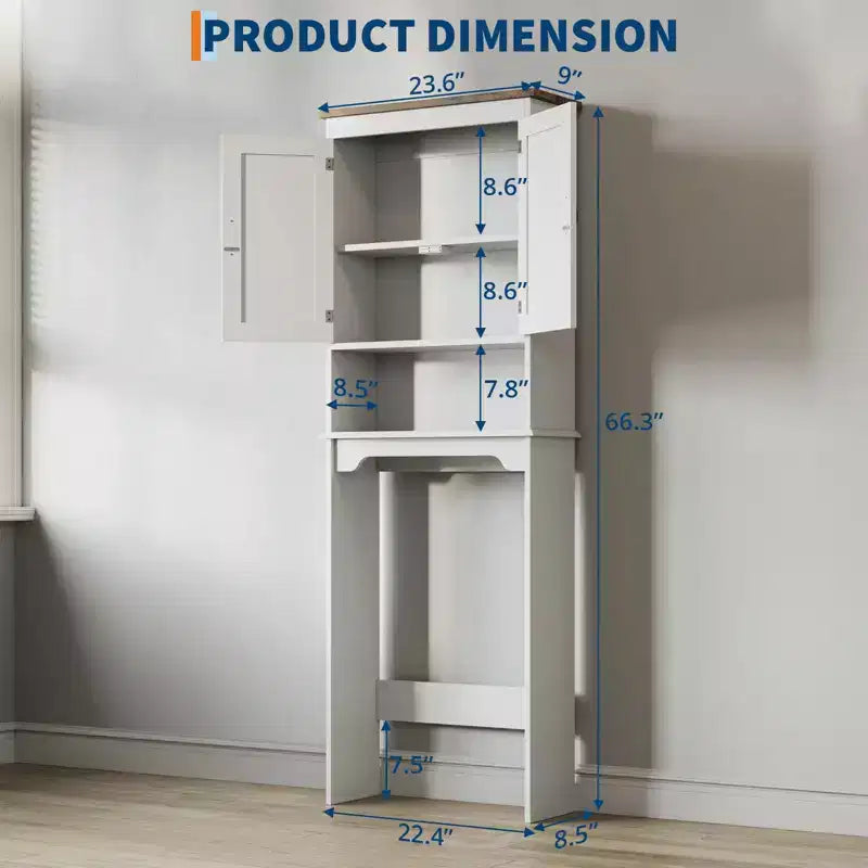 Meuble de rangement au-dessus des toilettes avec porte-papier toilette, organisateur de salle de bain à deux portes avec étagères réglables, étagère de salle de bain autoportante, blanc
