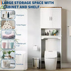 Meuble de rangement au-dessus des toilettes avec porte-papier toilette, organisateur de salle de bain à deux portes avec étagères réglables, étagère de salle de bain autoportante, blanc