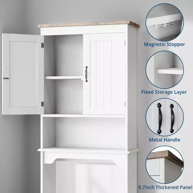 Meuble de rangement au-dessus des toilettes avec porte-papier toilette, organisateur de salle de bain à deux portes avec étagères réglables, étagère de salle de bain autoportante, blanc