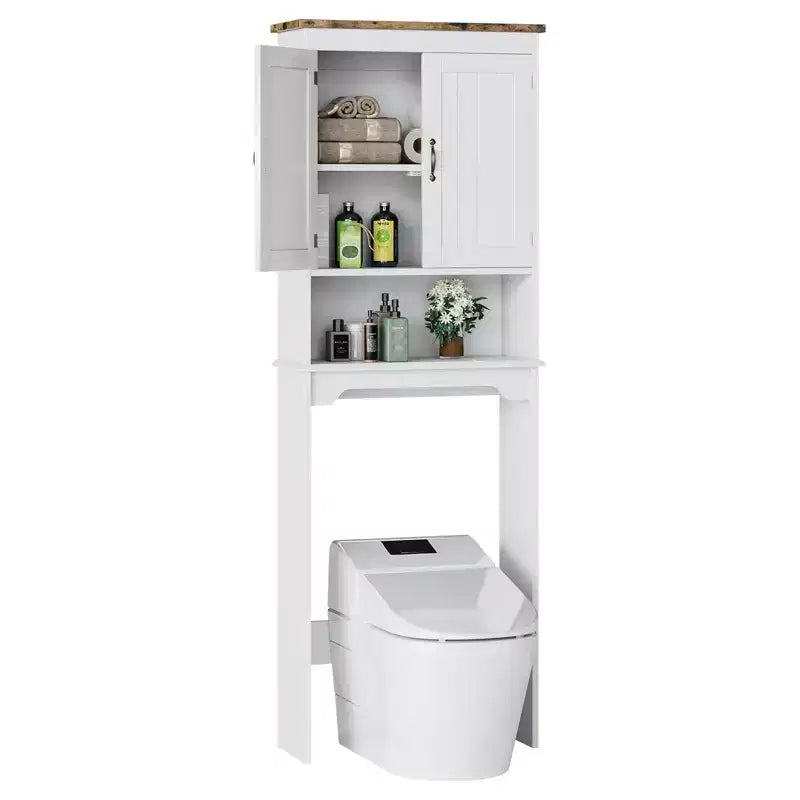 Meuble de rangement au-dessus des toilettes avec porte-papier toilette, organisateur de salle de bain à deux portes avec étagères réglables, étagère de salle de bain autoportante, blanc