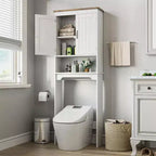 Meuble de rangement au-dessus des toilettes avec porte-papier toilette, organisateur de salle de bain à deux portes avec étagères réglables, étagère de salle de bain autoportante, blanc