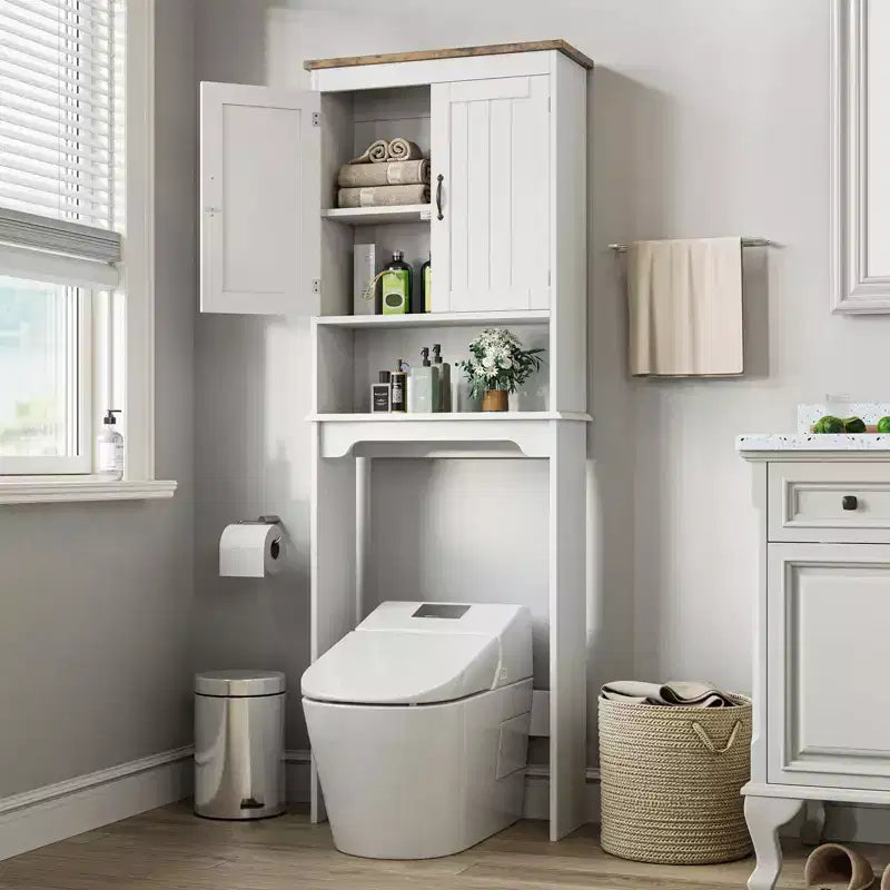 Meuble de rangement au-dessus des toilettes avec porte-papier toilette, organisateur de salle de bain à deux portes avec étagères réglables, étagère de salle de bain autoportante, blanc