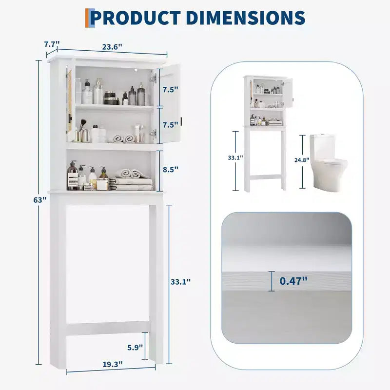Meuble de rangement au-dessus des toilettes avec porte-papier toilette, organisateur de salle de bain à deux portes avec étagères réglables, étagère de salle de bain autoportante, blanc