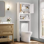 Meuble de rangement au-dessus des toilettes avec porte-papier toilette, organisateur de salle de bain à deux portes avec étagères réglables, étagère de salle de bain autoportante, blanc