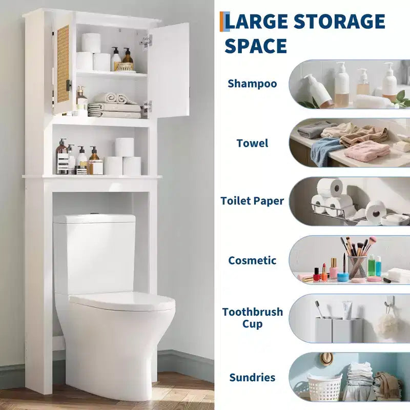 Meuble de rangement au-dessus des toilettes avec porte-papier toilette, organisateur de salle de bain à deux portes avec étagères réglables, étagère de salle de bain autoportante, blanc