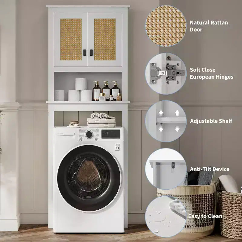 Meuble de rangement au-dessus des toilettes avec porte-papier toilette, organisateur de salle de bain à deux portes avec étagères réglables, étagère de salle de bain autoportante, blanc