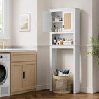 Meuble de rangement au-dessus des toilettes avec porte-papier toilette, organisateur de salle de bain à deux portes avec étagères réglables, étagère de salle de bain autoportante, blanc