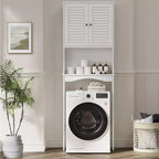 Meuble de rangement au-dessus des toilettes avec porte-papier toilette, organisateur de salle de bain à deux portes avec étagères réglables, étagère de salle de bain autoportante, blanc