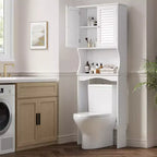 Meuble de rangement au-dessus des toilettes avec porte-papier toilette, organisateur de salle de bain à deux portes avec étagères réglables, étagère de salle de bain autoportante, blanc