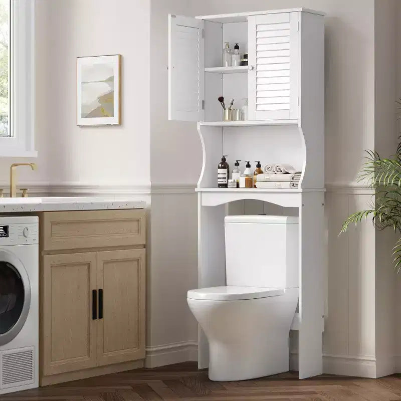Meuble de rangement au-dessus des toilettes avec porte-papier toilette, organisateur de salle de bain à deux portes avec étagères réglables, étagère de salle de bain autoportante, blanc