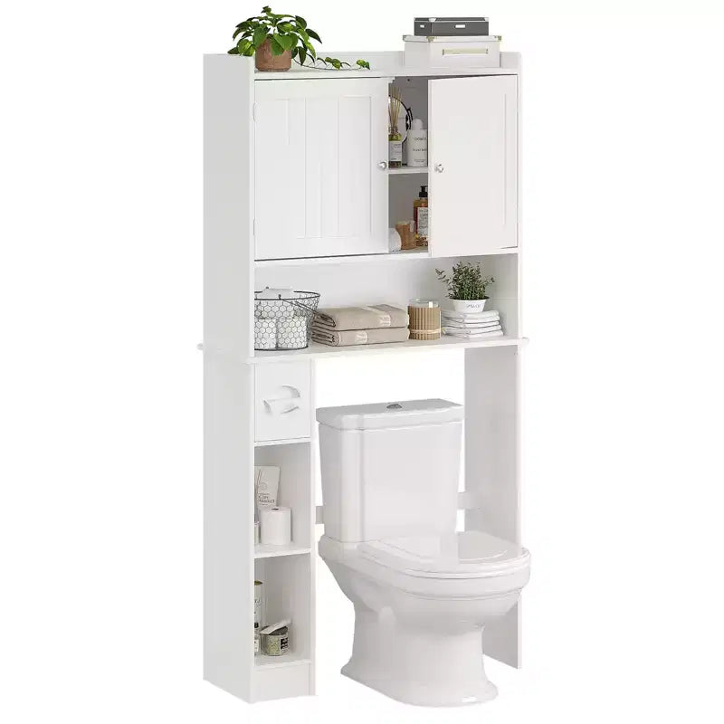Meuble de rangement au-dessus des toilettes avec porte-papier toilette, organisateur de salle de bain à deux portes avec étagères réglables, étagère de salle de bain autoportante, blanc