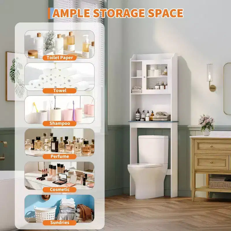 Meuble de rangement au-dessus des toilettes avec porte-papier toilette, organisateur de salle de bain à deux portes avec étagères réglables, étagère de salle de bain autoportante, blanc