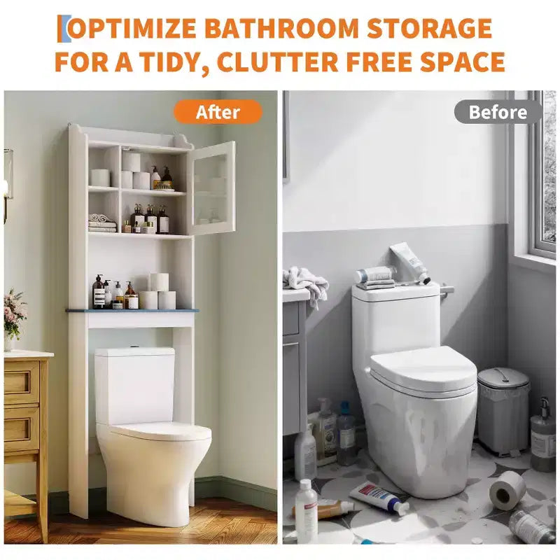Meuble de rangement au-dessus des toilettes avec porte-papier toilette, organisateur de salle de bain à deux portes avec étagères réglables, étagère de salle de bain autoportante, blanc