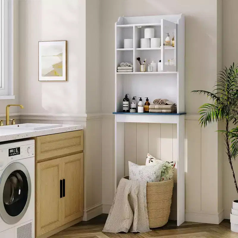 Meuble de rangement au-dessus des toilettes avec porte-papier toilette, organisateur de salle de bain à deux portes avec étagères réglables, étagère de salle de bain autoportante, blanc