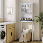 Meuble de rangement au-dessus des toilettes avec porte-papier toilette, organisateur de salle de bain à deux portes avec étagères réglables, étagère de salle de bain autoportante, blanc