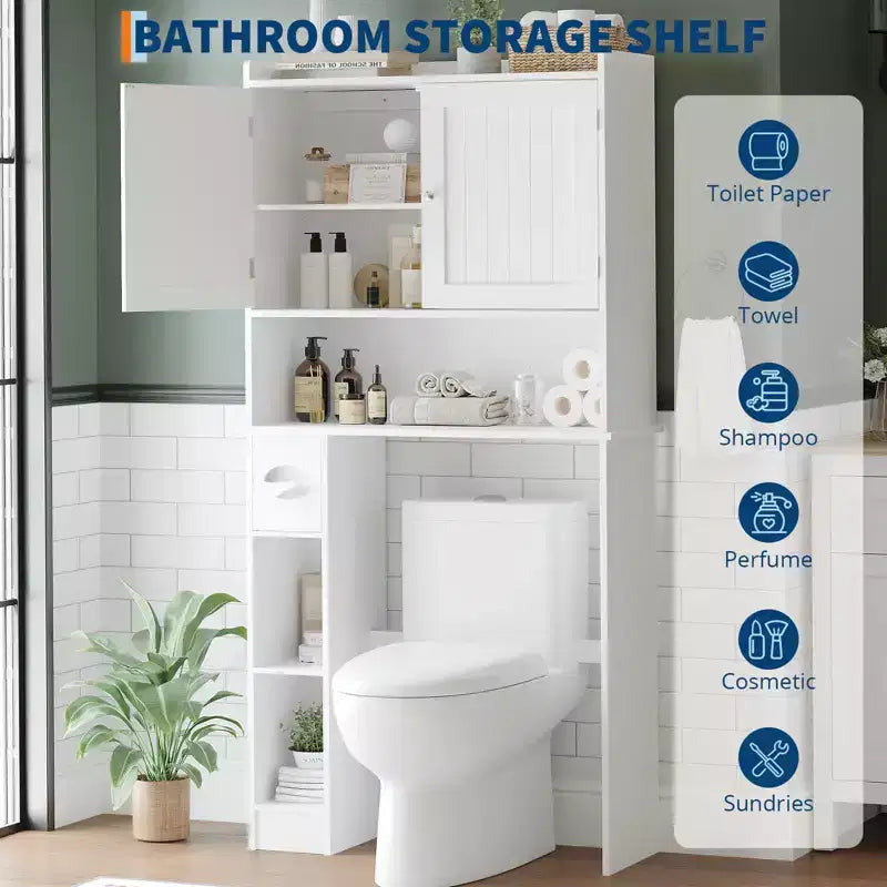 Meuble de rangement au-dessus des toilettes avec porte-papier toilette, organisateur de salle de bain à deux portes avec étagères réglables, étagère de salle de bain autoportante, blanc