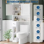 Meuble de rangement au-dessus des toilettes avec porte-papier toilette, organisateur de salle de bain à deux portes avec étagères réglables, étagère de salle de bain autoportante, blanc