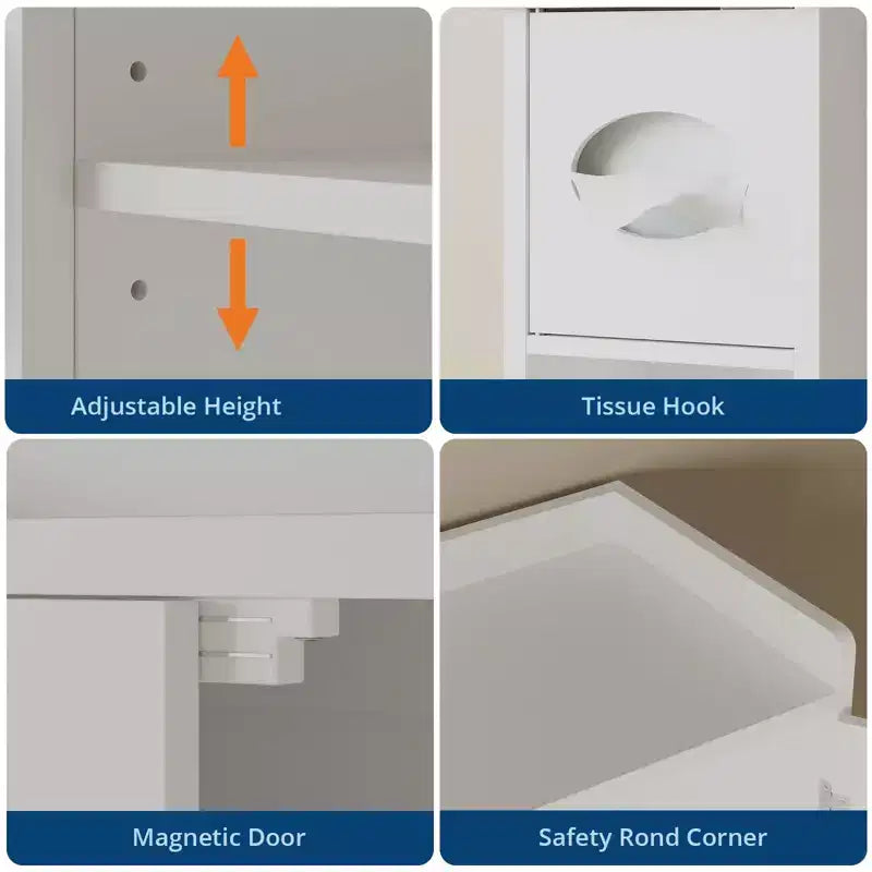 Meuble de rangement au-dessus des toilettes avec porte-papier toilette, organisateur de salle de bain à deux portes avec étagères réglables, étagère de salle de bain autoportante, blanc