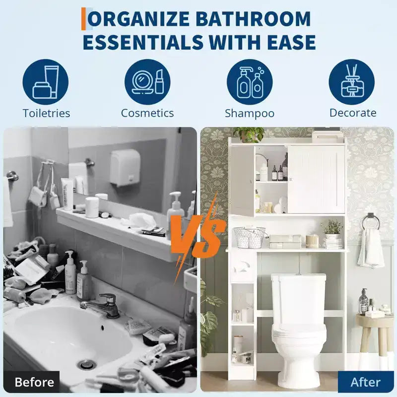 Meuble de rangement au-dessus des toilettes avec porte-papier toilette, organisateur de salle de bain à deux portes avec étagères réglables, étagère de salle de bain autoportante, blanc