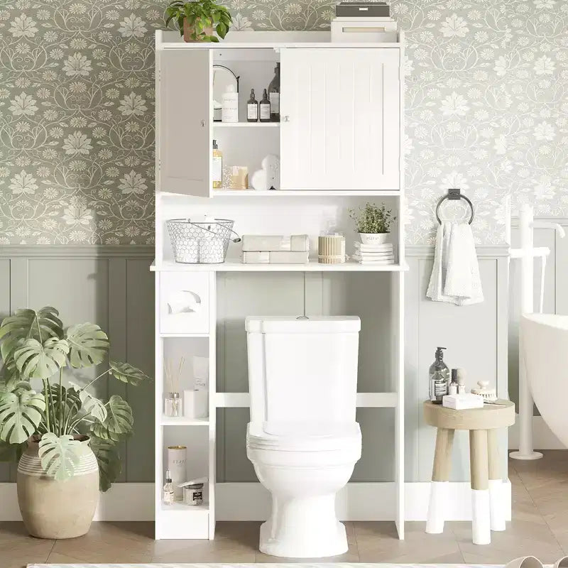 Meuble de rangement au-dessus des toilettes avec porte-papier toilette, organisateur de salle de bain à deux portes avec étagères réglables, étagère de salle de bain autoportante, blanc