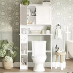 Meuble de rangement au-dessus des toilettes avec porte-papier toilette, organisateur de salle de bain à deux portes avec étagères réglables, étagère de salle de bain autoportante, blanc