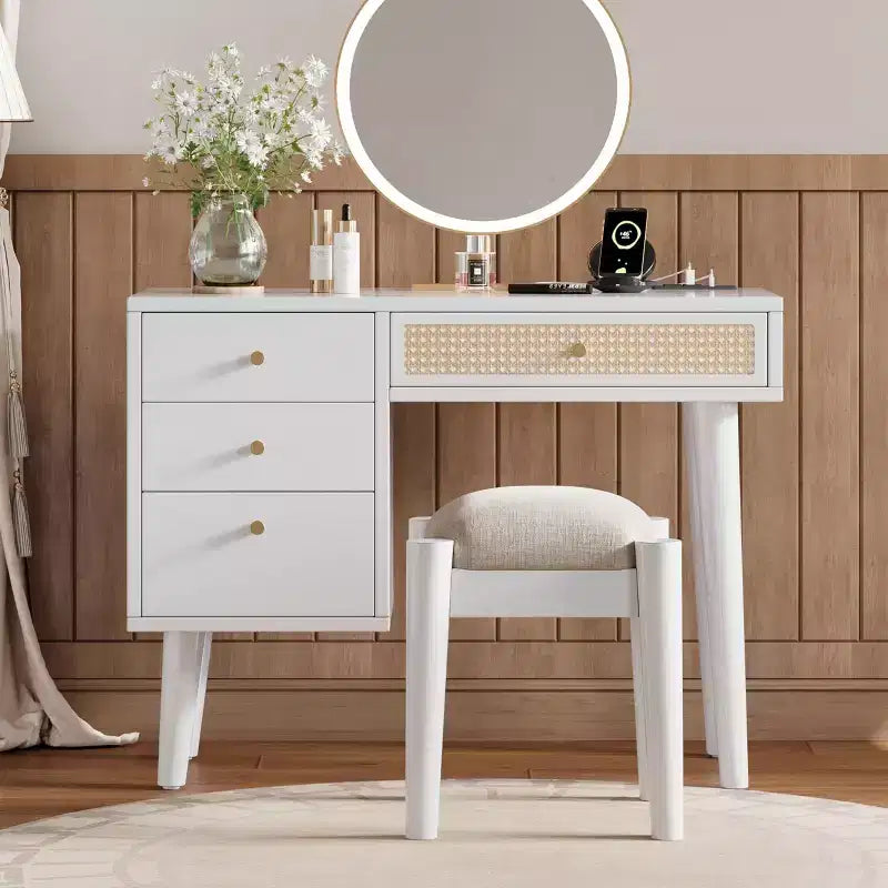 Vintage Wooden Vanity Table with 2 Power Outlets & 2 USB Ports, Bedroom Makeup Desk with Rattan Drawer, 3 Storage Drawers, and Padded Stool