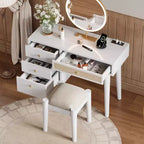 Coiffeuse Vintage en Bois avec 2 Prises de Courant et 2 Ports USB, Bureau de Maquillage de Chambre à Coucher avec Tiroir en Rotin, 3 Tiroirs de Rangement et Tabouret Rembourré