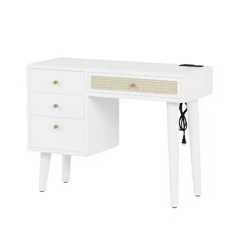 Coiffeuse Vintage en Bois avec 2 Prises de Courant et 2 Ports USB, Bureau de Maquillage de Chambre à Coucher avec Tiroir en Rotin, 3 Tiroirs de Rangement et Tabouret Rembourré