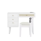 Coiffeuse Vintage en Bois avec 2 Prises de Courant et 2 Ports USB, Bureau de Maquillage de Chambre à Coucher avec Tiroir en Rotin, 3 Tiroirs de Rangement et Tabouret Rembourré