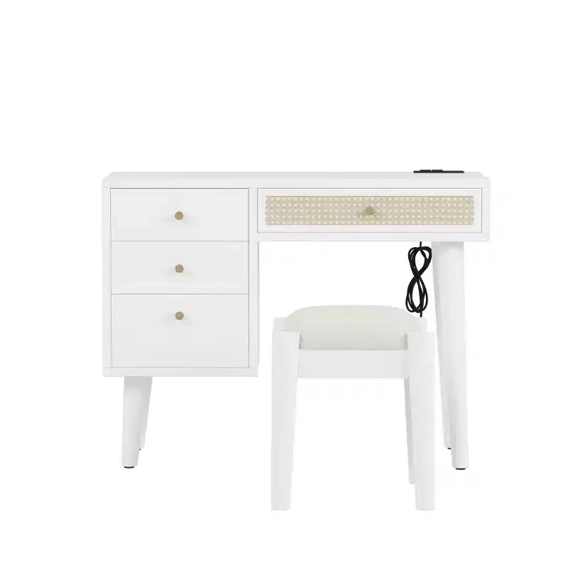 Coiffeuse Vintage en Bois avec 2 Prises de Courant et 2 Ports USB, Bureau de Maquillage de Chambre à Coucher avec Tiroir en Rotin, 3 Tiroirs de Rangement et Tabouret Rembourré
