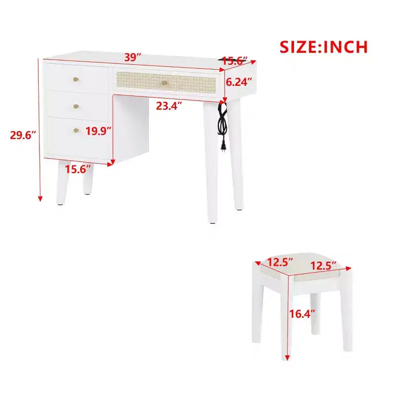 Coiffeuse Vintage en Bois avec 2 Prises de Courant et 2 Ports USB, Bureau de Maquillage de Chambre à Coucher avec Tiroir en Rotin, 3 Tiroirs de Rangement et Tabouret Rembourré