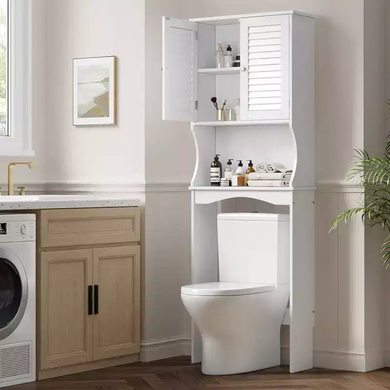 Over The Toilet Storage Cabinet, Above Toilet Bathroom Organizer with Adjustable Shelf and Hooks, Bathroom Shelf Over Toilet with Anti-Tip Device