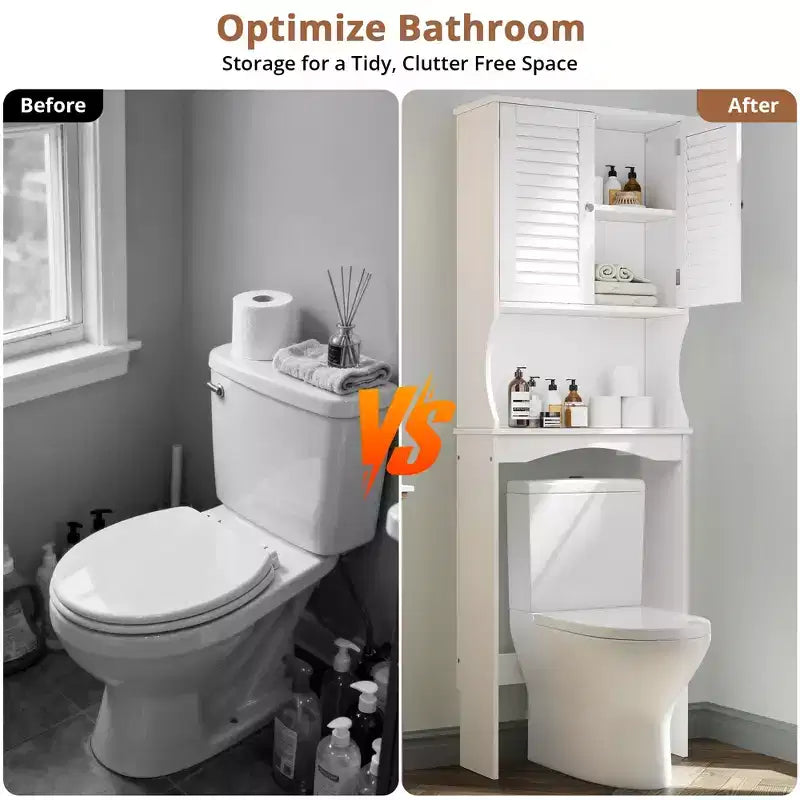 Meuble de rangement au-dessus des toilettes, Organisateur de salle de bain au-dessus des toilettes avec étagère réglable et crochets, Étagère de salle de bain au-dessus des toilettes avec dispositif anti-basculement
