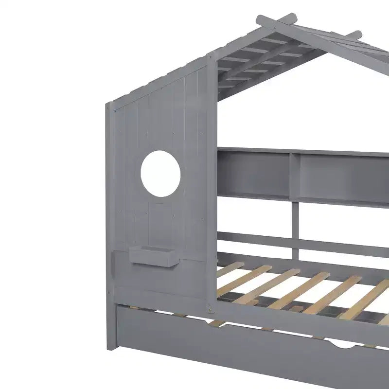 Lit de maison Whisen en bois pour enfant, taille double, design moderne avec lit gigogne et étagère de rangement