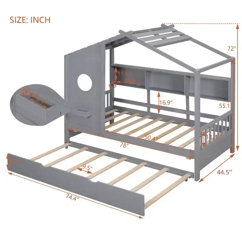 Lit de maison Whisen en bois pour enfant, taille double, design moderne avec lit gigogne et étagère de rangement