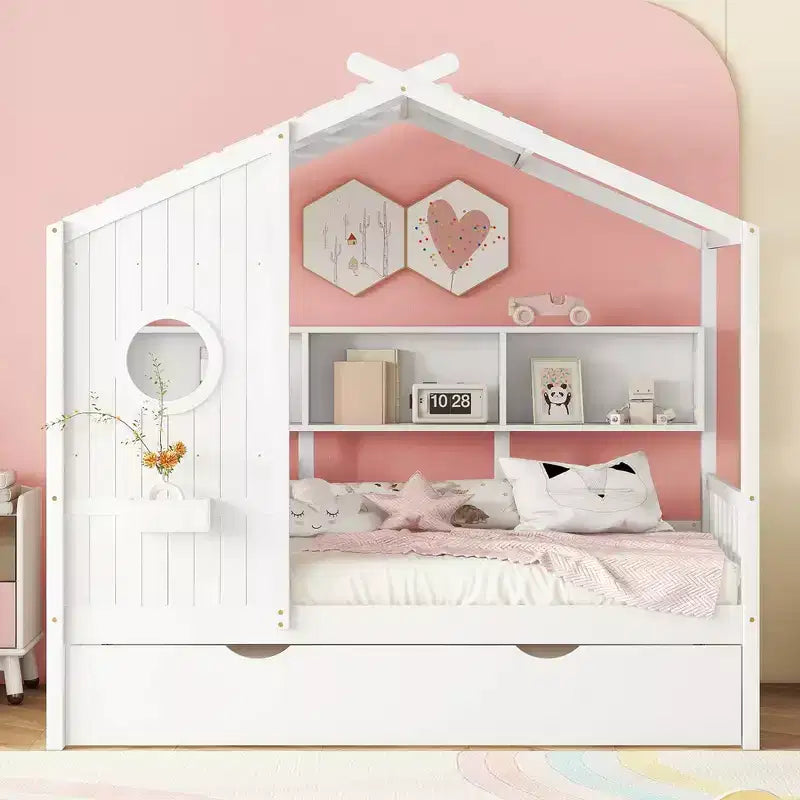 Lit de maison Whisen en bois pour enfant, taille double, design moderne avec lit gigogne et étagère de rangement