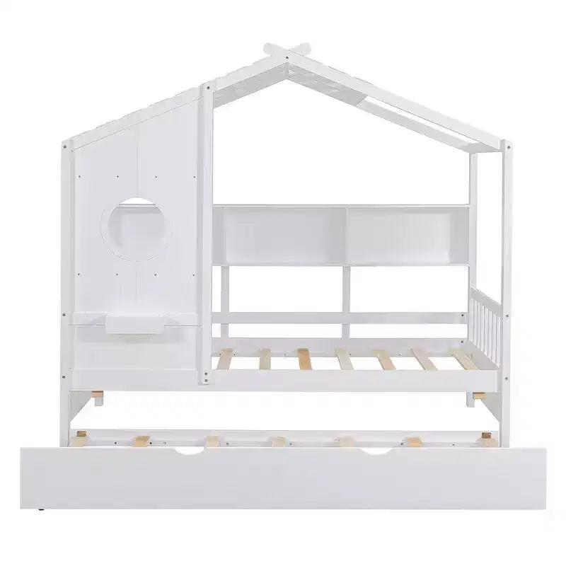 Lit de maison Whisen en bois pour enfant, taille double, design moderne avec lit gigogne et étagère de rangement