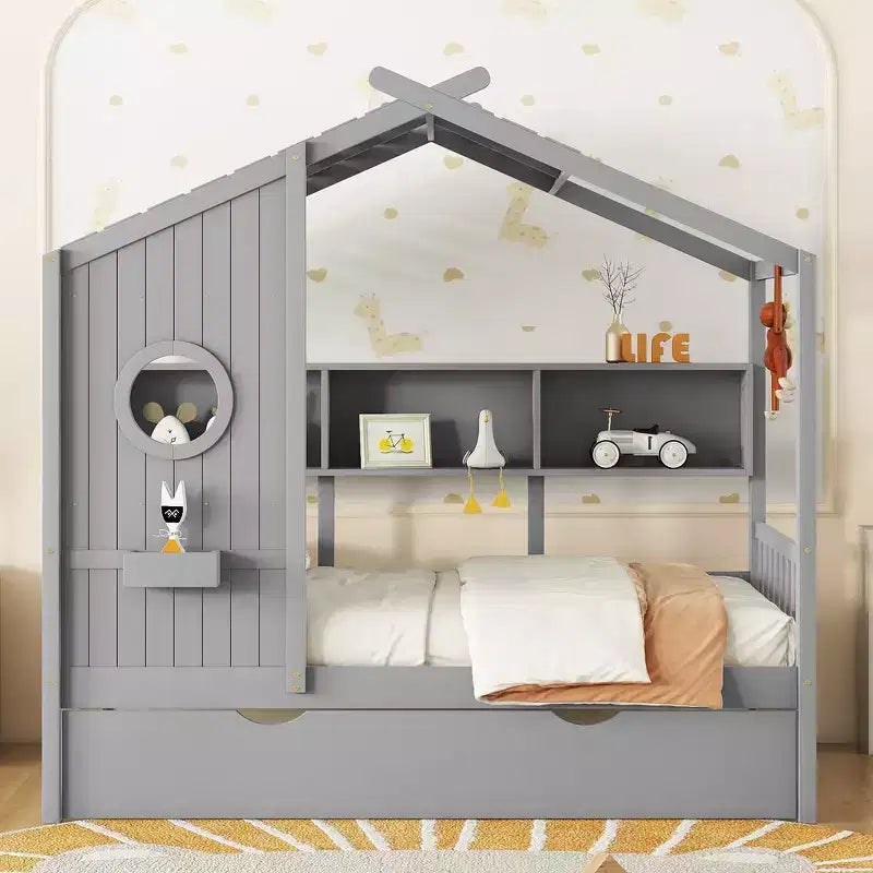 Lit de maison Whisen en bois pour enfant, taille double, design moderne avec lit gigogne et étagère de rangement