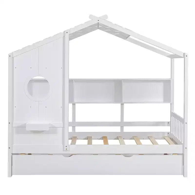 Lit de maison Whisen en bois pour enfant, taille double, design moderne avec lit gigogne et étagère de rangement