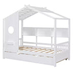 Lit de maison Whisen en bois pour enfant, taille double, design moderne avec lit gigogne et étagère de rangement
