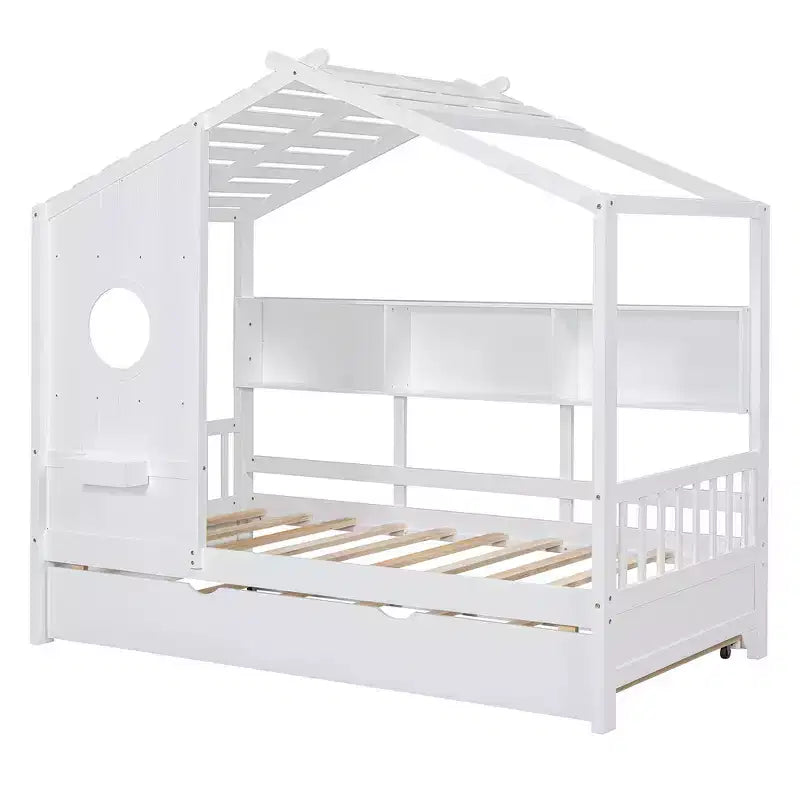 Lit de maison Whisen en bois pour enfant, taille double, design moderne avec lit gigogne et étagère de rangement