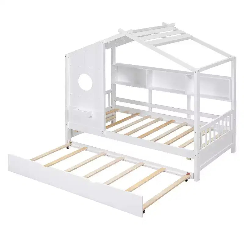 Lit de maison Whisen en bois pour enfant, taille double, design moderne avec lit gigogne et étagère de rangement