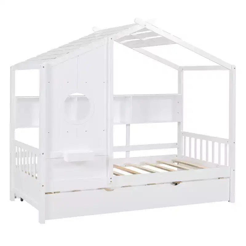 Lit de maison Whisen en bois pour enfant, taille double, design moderne avec lit gigogne et étagère de rangement