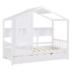 Lit de maison Whisen en bois pour enfant, taille double, design moderne avec lit gigogne et étagère de rangement