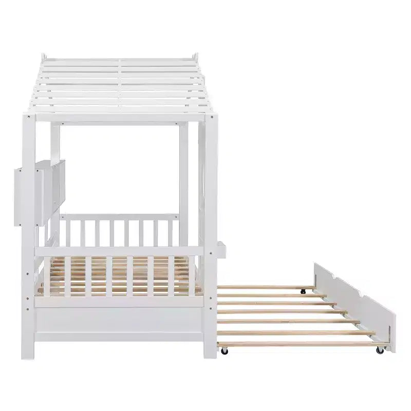 Lit de maison Whisen en bois pour enfant, taille double, design moderne avec lit gigogne et étagère de rangement