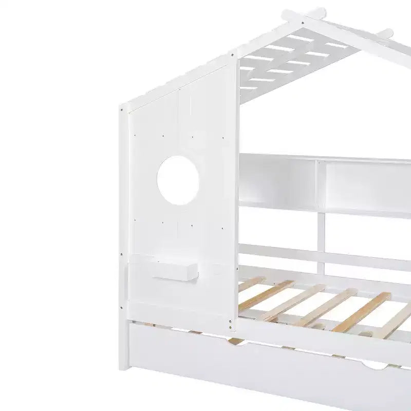 Lit de maison Whisen en bois pour enfant, taille double, design moderne avec lit gigogne et étagère de rangement