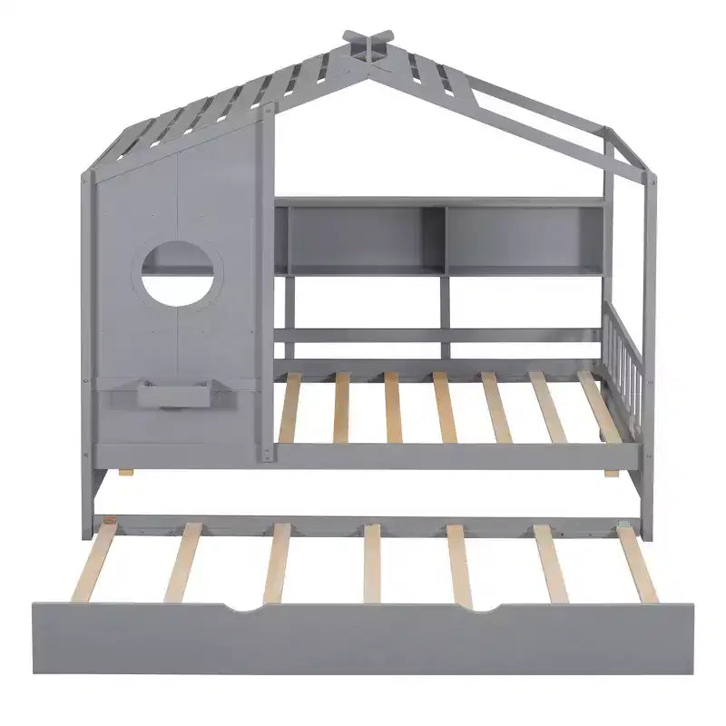 Lit de maison Whisen en bois pour enfant, taille double, design moderne avec lit gigogne et étagère de rangement