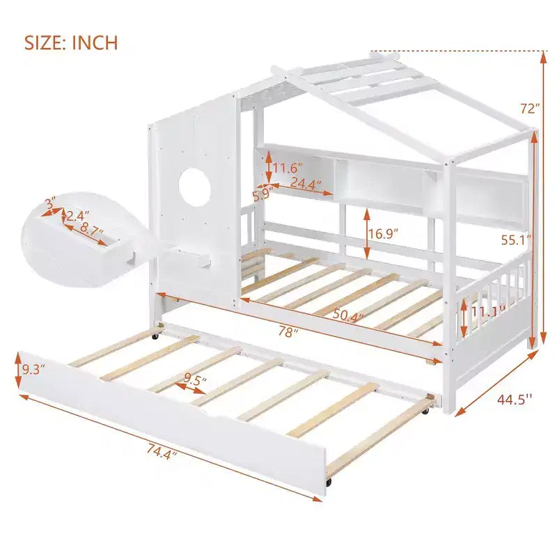 Lit de maison Whisen en bois pour enfant, taille double, design moderne avec lit gigogne et étagère de rangement