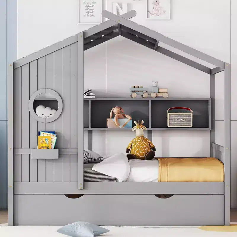 Lit de maison Whisen en bois pour enfant, taille double, design moderne avec lit gigogne et étagère de rangement