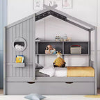 Lit de maison Whisen en bois pour enfant, taille double, design moderne avec lit gigogne et étagère de rangement